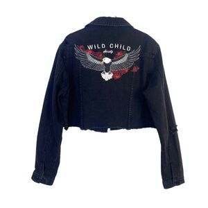 Simons Twik Cropped Denim Jacket Distressed Raw Hem Wild Child Embroidery Black